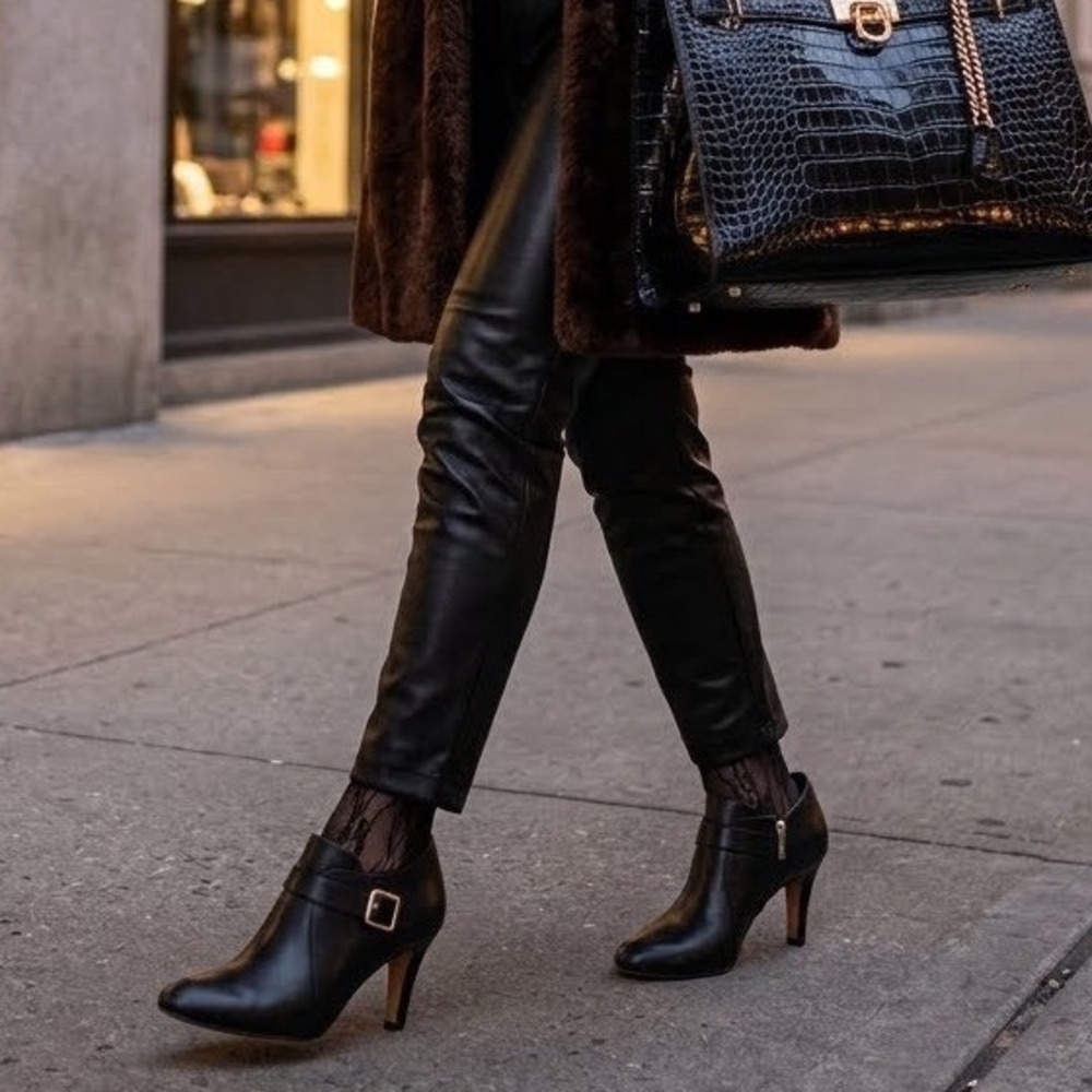 Vince Camuto Black Leather Buckle Ankle Booties Stiletto 8.5 Mob Wife Shooties